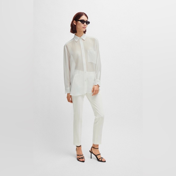 New! Hugo Boss Blouse in Soft Seersuccer with Point Collar, White, Size L/XL - Picture 6 of 9